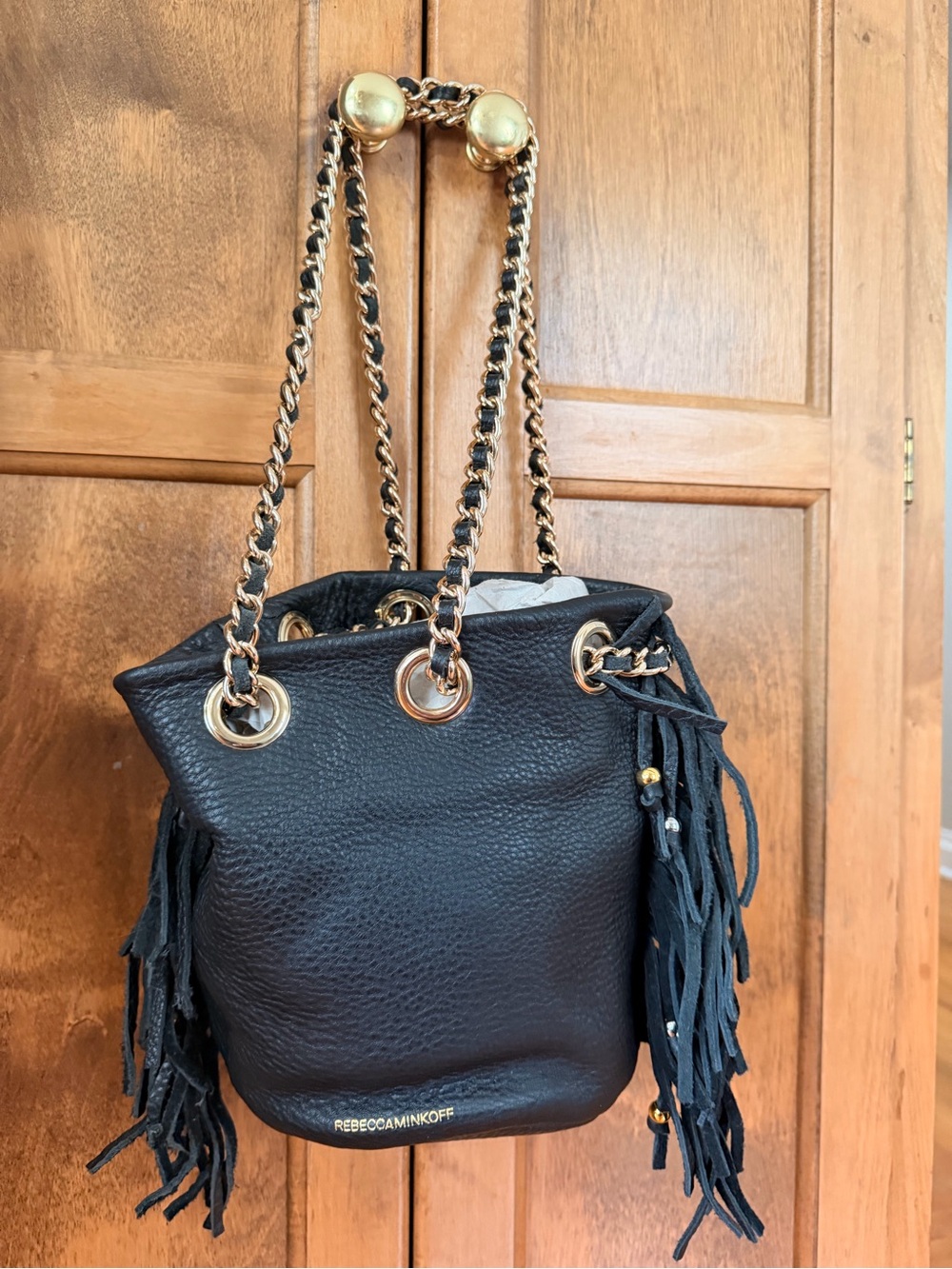 Rebecca Minkoff Black Leather Fringe Bucket Bag with Gold Chain - Picture 10 of 14